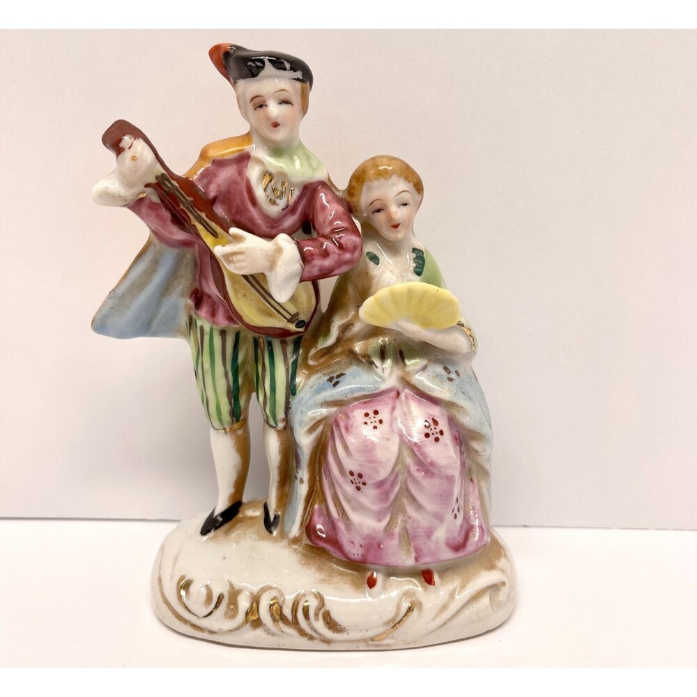 Vintage Occupied Japan Colonial Couple Figurine Man with Mandolin Lady w/ Fan 5"